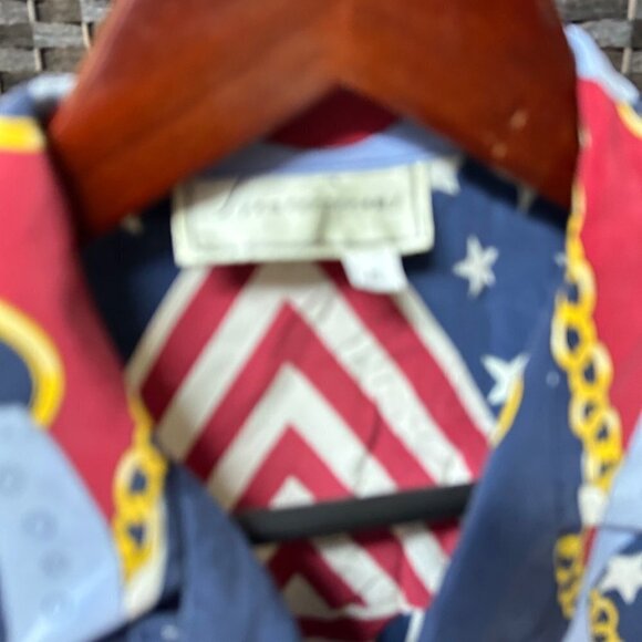 Spencer Jeremy Womens Vintage Blouse Small Blue Printed Silk Flag and Chain - Picture 2 of 7